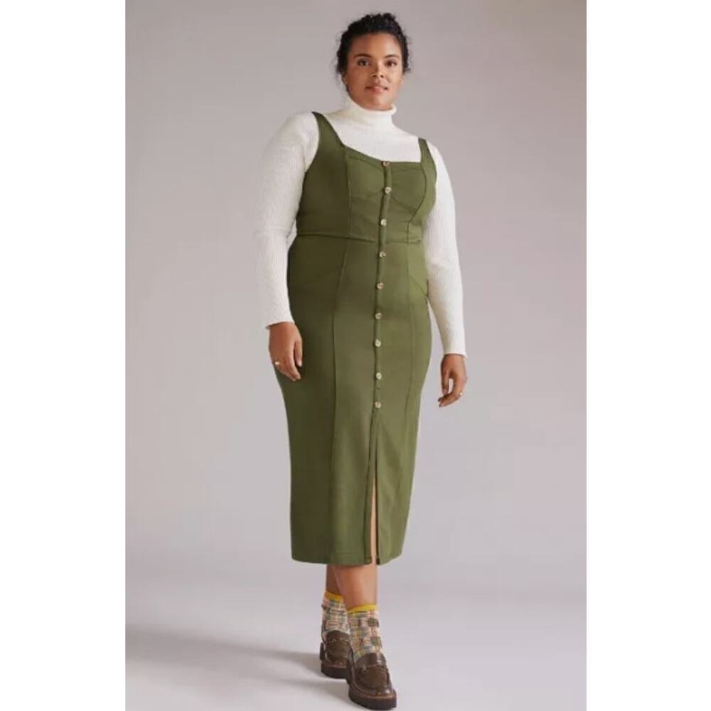 Anthropologie Maeve Knit Button Detail Midi Dress Moss Green Sleeveless Size 20W